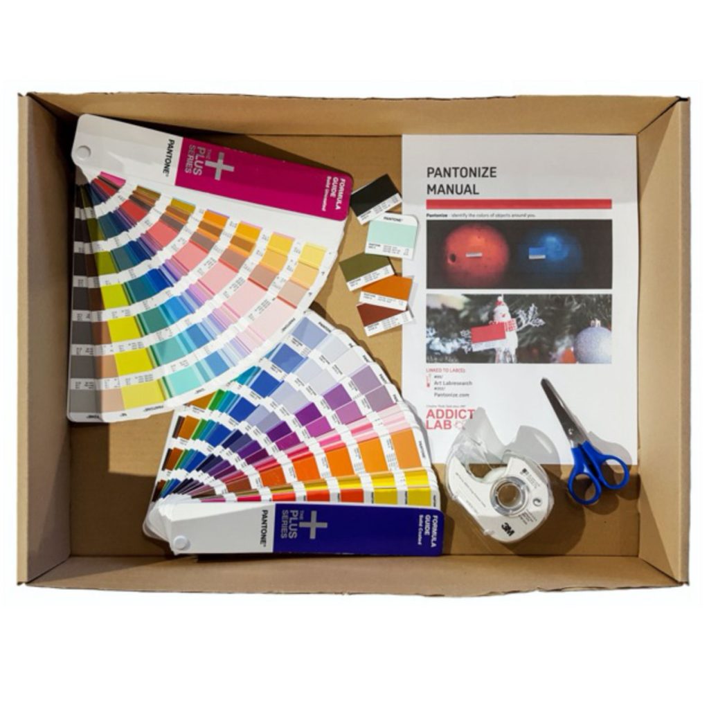 Pantonize game kit with Pantone palettes scissor and scotch tape by Addictlab Academy